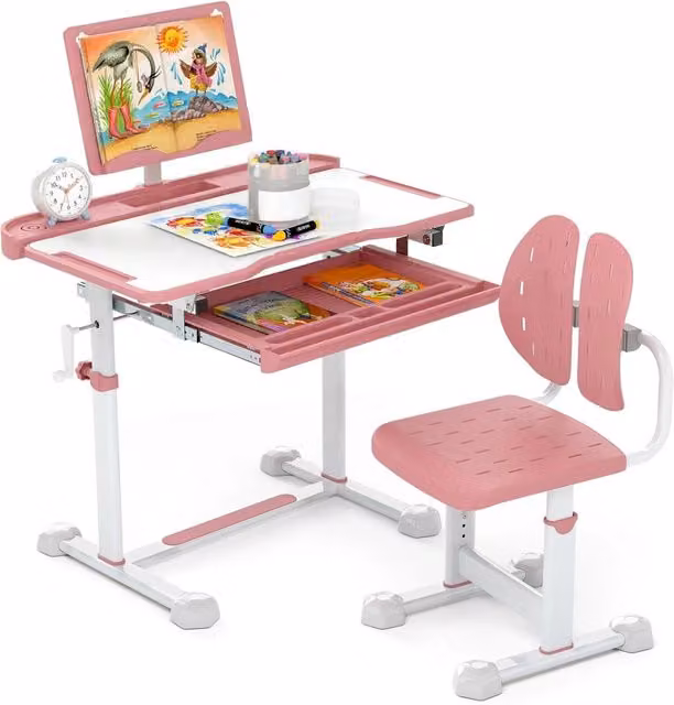 Set di Scrivania e Sedia Ergonomica per Bambini Costway, Scrivania Regolabile in Altezza con Piano Inclinabile e Sedia per Disegno, Rosa