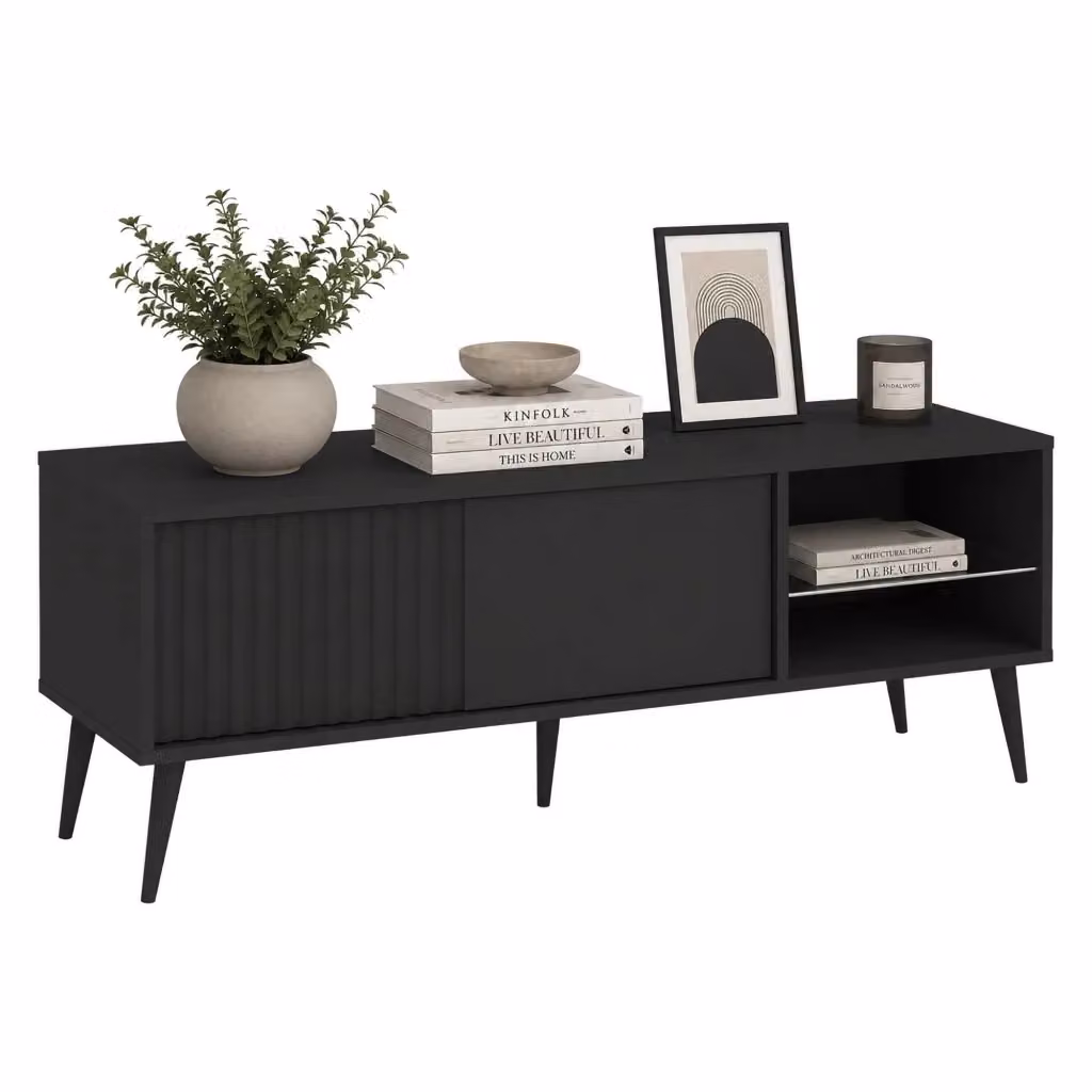 Mobile porta TV DMORA in legno e vetro nero con design moderno per il tuo soggiorno L/P/H: 135 x 40 x 48 cm – 2
