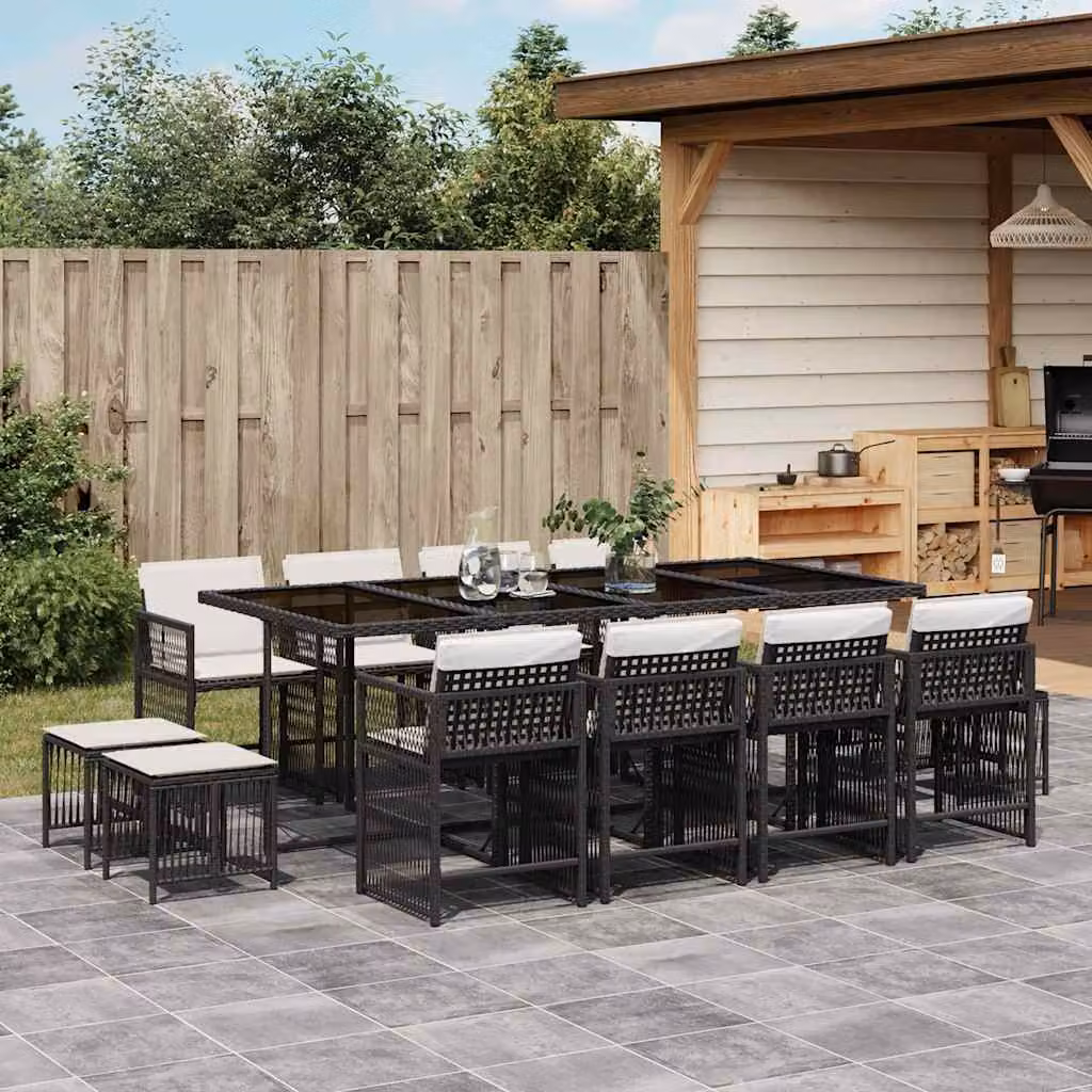 Set da Pranzo da Giardino vidaXL in Polyrattan Nero con Cuscini e Tavolo in Vetro, 13 Pezzi – 1