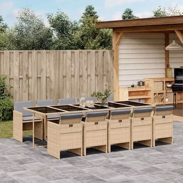 Set Pranzo da Giardino vidaXL in Polyrattan con Cuscini Beige e Grigio e Tavolo in Vetro, 11 Pezzi – 1