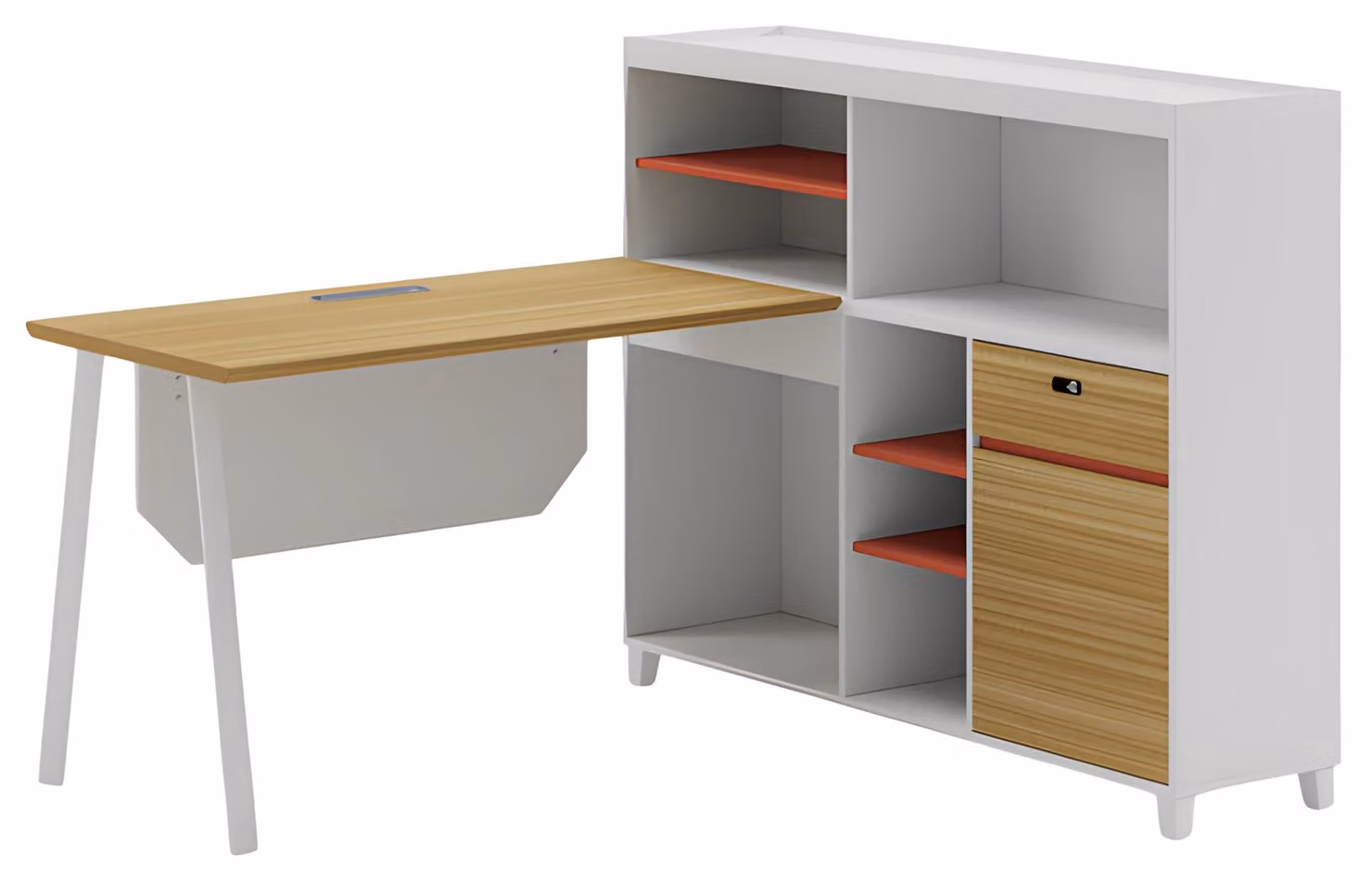 Schreibtisch Winkeltisch Modern Holzoptik Weiß Natur Stauraum Regale Orange