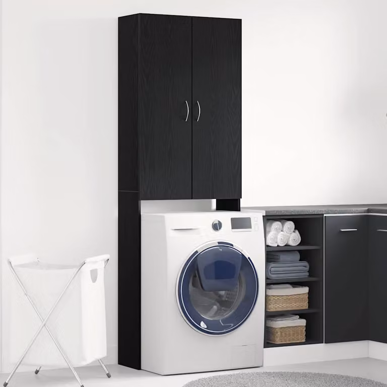 Mobile per lavatrice vidaXL in legno MDF, colore rovere e nero, L: 64 cm, P: 25,5 cm, H: 190 cm