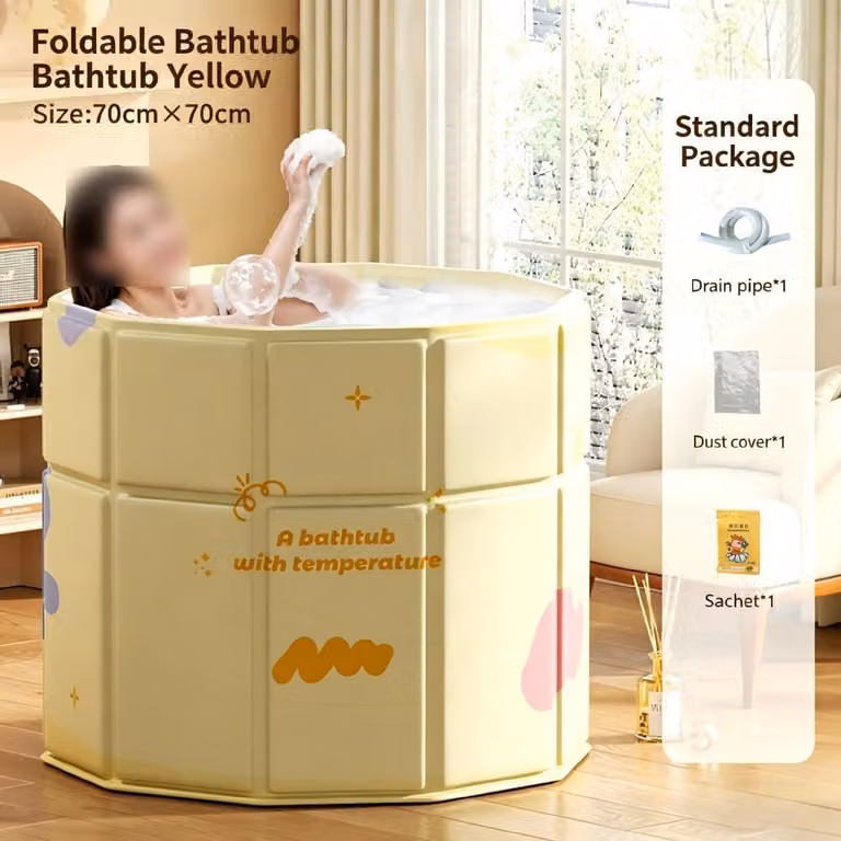Vasca da bagno pieghevole, 70x70 cm, gialla, per adulti, vasca portatile per uso domestico