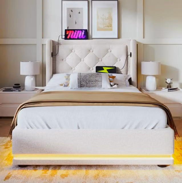 Letto singolo con contenitore 90x200 cm in cotone; LED e USB-C; beige