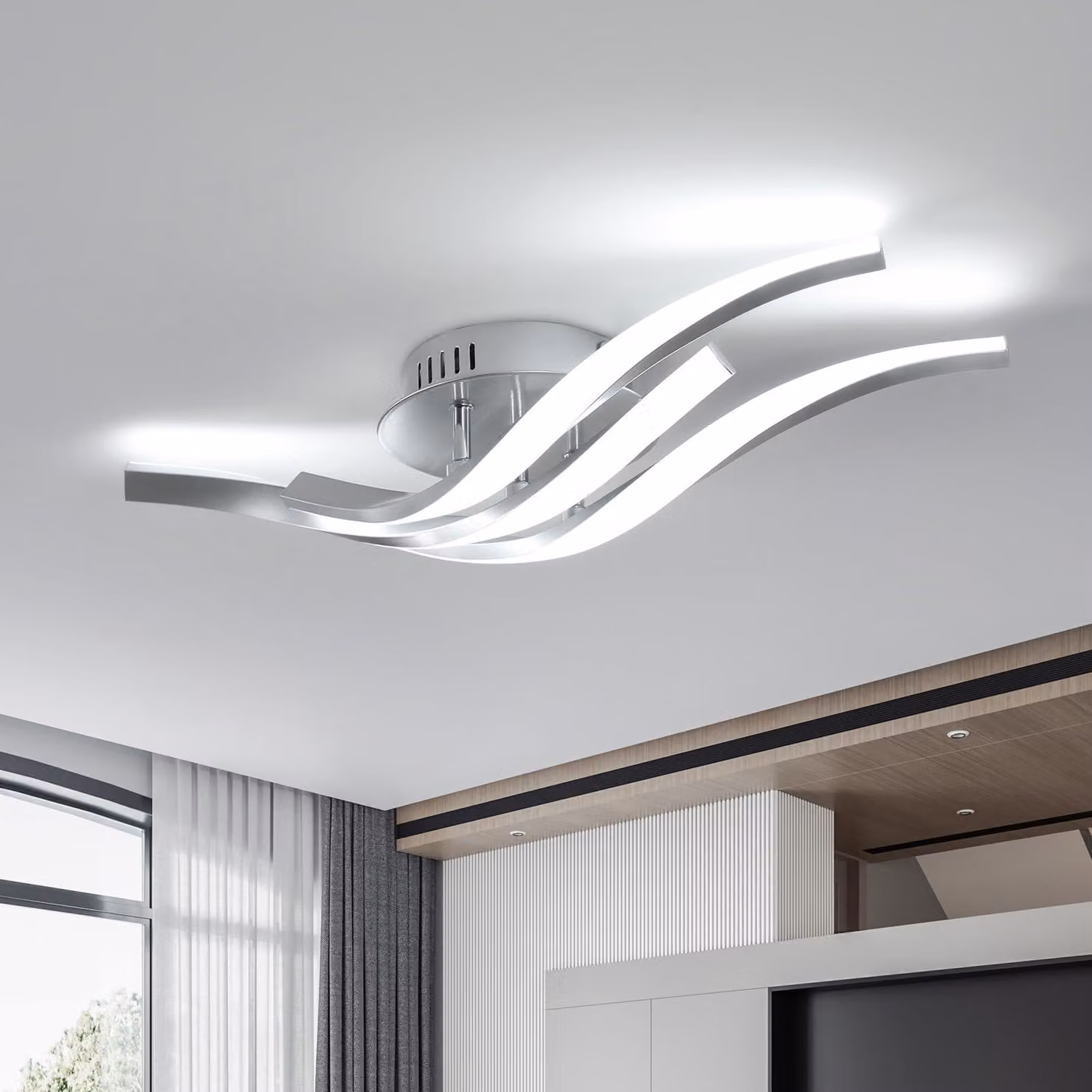 Lampada da soffitto Toolight, forma a onda, 24W, 6500K, argento, 52cm, ideale per il soggiorno – 3 luci, luce bianca fredda 6500K