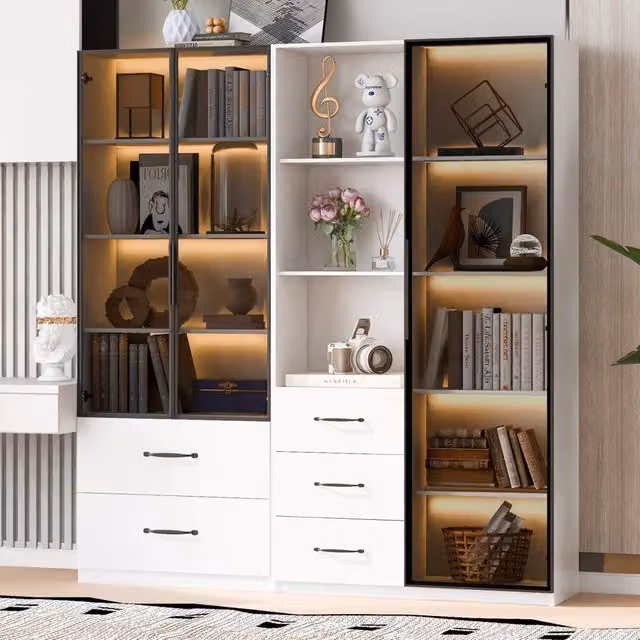 Vetrina modulare a due elementi con LED multicolore vetro temperato grigio cassetti bianca 140 × 40 × 160 cm