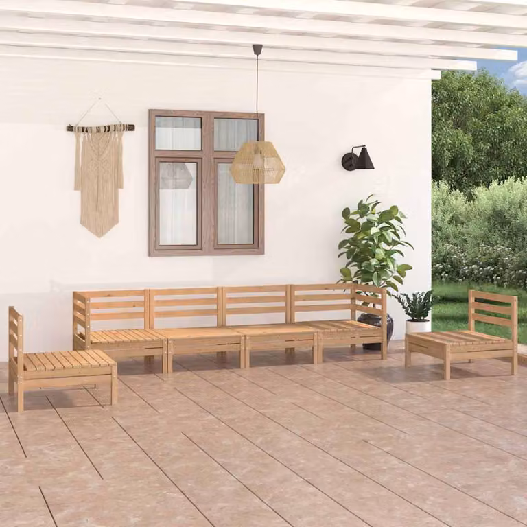 Set di divani da giardino vidaXL a forma di L in legno di pino marrone con 6 pezzi e cuscini inclusi