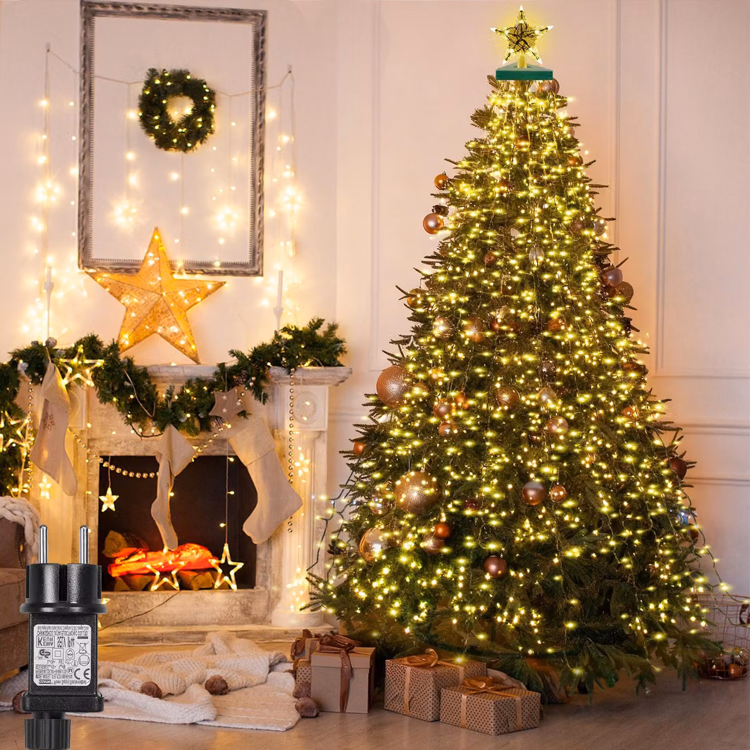 2m LED albero di Natale luci fatate con stella, bianco caldo 8 modalità di luce timer impermeabile luci di Natale per la festa di Natale decorazione giardino