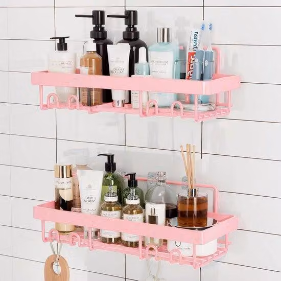 Set di 2 mensole per doccia senza trapano con ganci e porta shampoo - rosa
