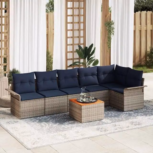 Set Divano da Giardino 7 pz 6-Numero di posti Grigio e Blu Navy 3356008