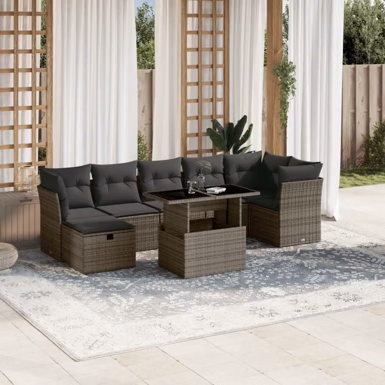 vidaXL Set Divano da Giardino 8 pz a L con Cuscini Grigio in Polyrattan e Acciaio