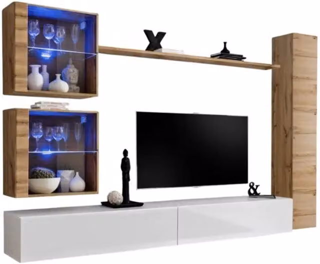 Composizione parete SWITCH XVIII mobile TV sospeso bianco lucido e rovere Wotan