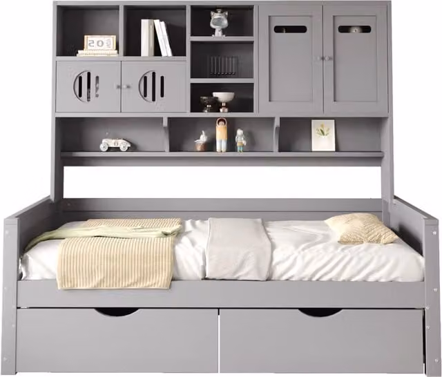 Letto singolo 90x200 cm con cassetti e vani contenitore in pino; compensato e MDF grigio