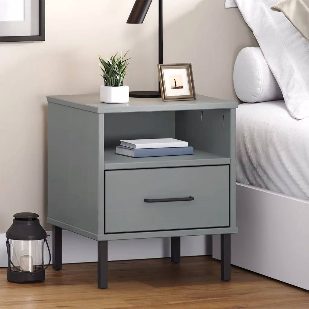 Comodino vidaXL OSLO in legno massello di pino e metallo, Grigio, Stile Industrial