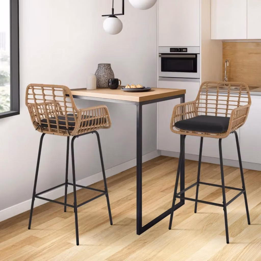 Set di 2 sgabelli da bar SUMMER IDMarket con braccioli effetto rattan beige e gambe in metallo nero – 2