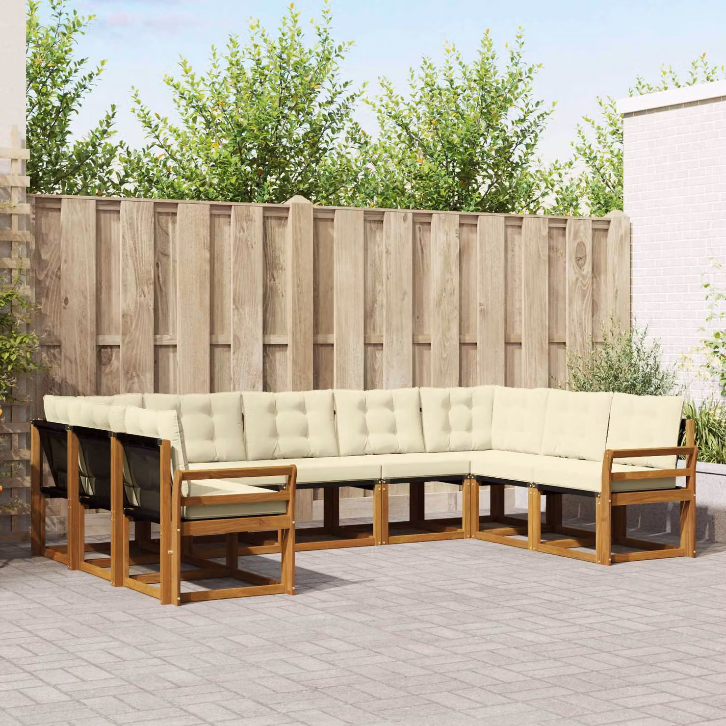 Set di divani da esterno vidaXL 9 pz in legno di acacia con cuscini beige e bianco per giardino e terrazza