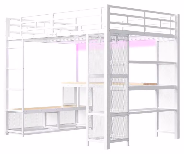 Letto a soppalco - Struttura in metallo - 140 x 200 cm - Spazio contenitivo - Armadio aperto - Porta USB - Illuminazione LED - Bianco