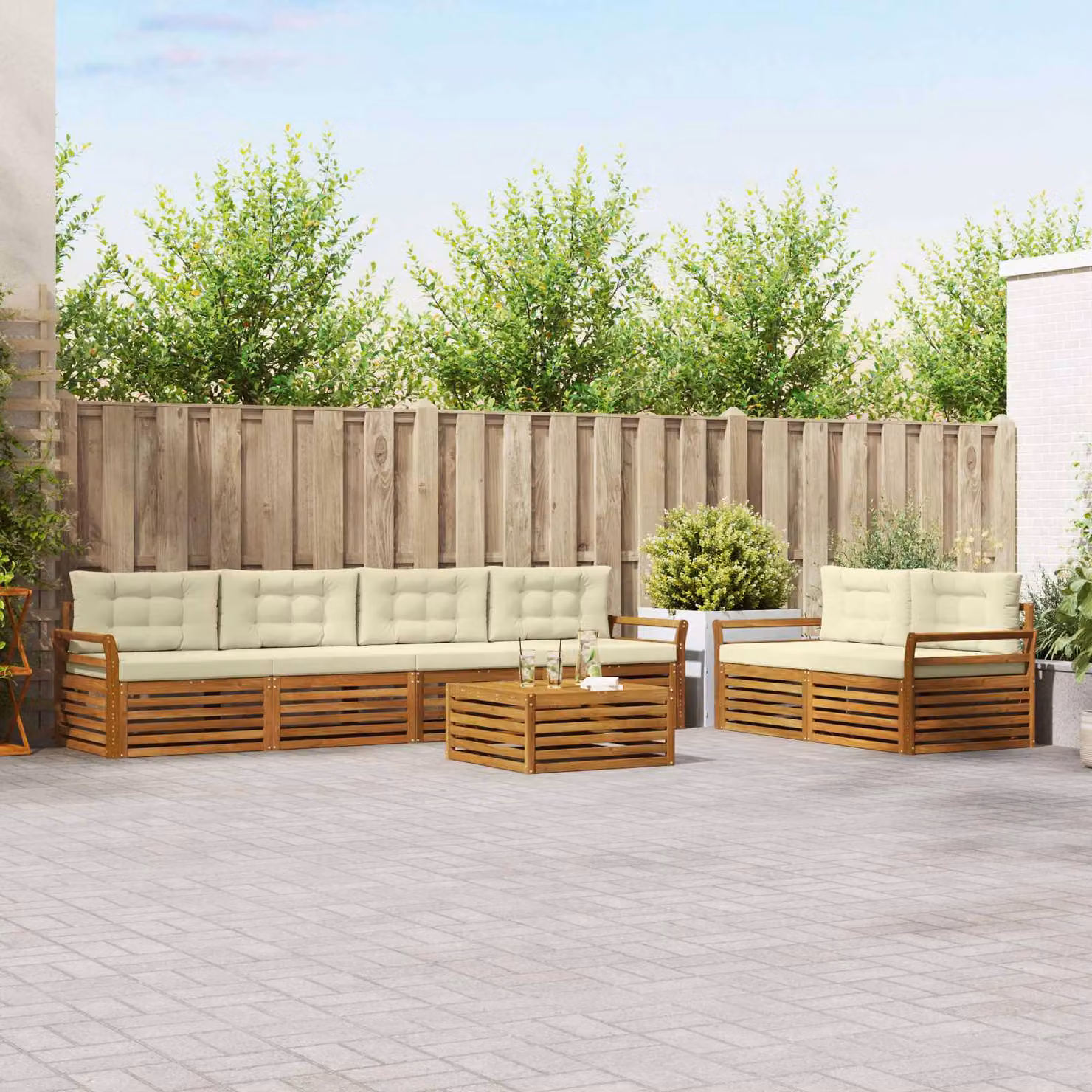 Set di divani da esterno vidaXL 7 pezzi in legno di acacia con cuscini, colore beige, bianco e marrone