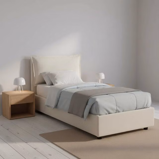 Letto singolo contenitore Talamo Italia con rivestimento in tessuto beige, apertura frontale, adatto per materasso 80x190 cm