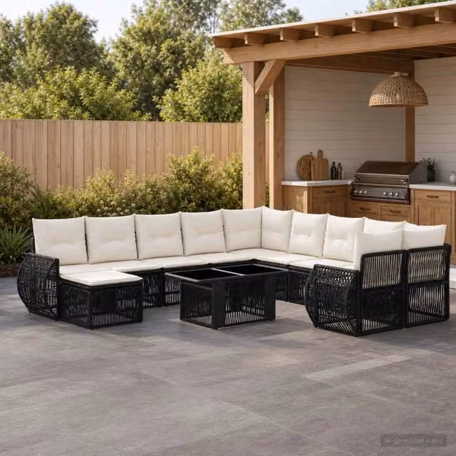 Set Divano da Giardino a L vidaXL in Polyrattan Nero e Bianco con Cuscini e Tavolino da Esterno – 1