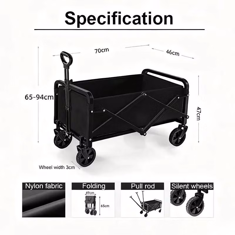 Carrello da giardino pieghevole - Carrello manuale - 4 ruote - Capacità di carico: 80–150 kg - Ruote da 12,7 cm - Colore: nero