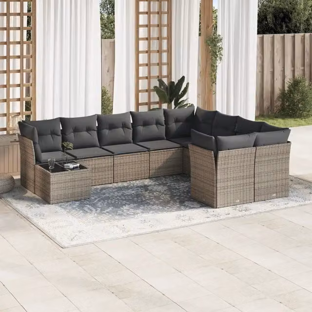 Set Divano da Giardino 10 pz con Cuscini Grigio in Polyrattan 3250029