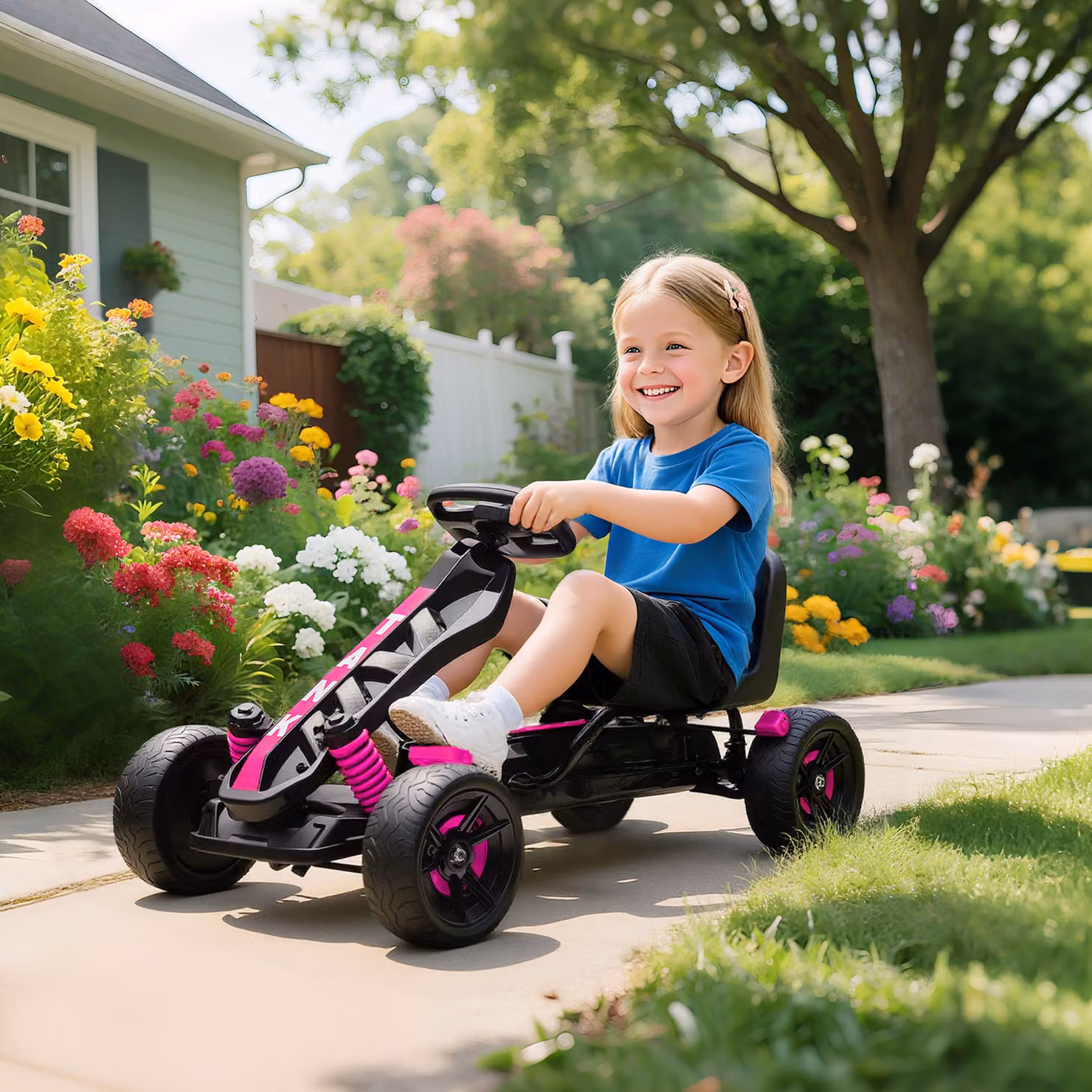 Kart a pedali AIYAPLAY per bambini da 3 a 6 anni con frizione automatica, freno e ruote EVA antiscivolo, rosa – 2