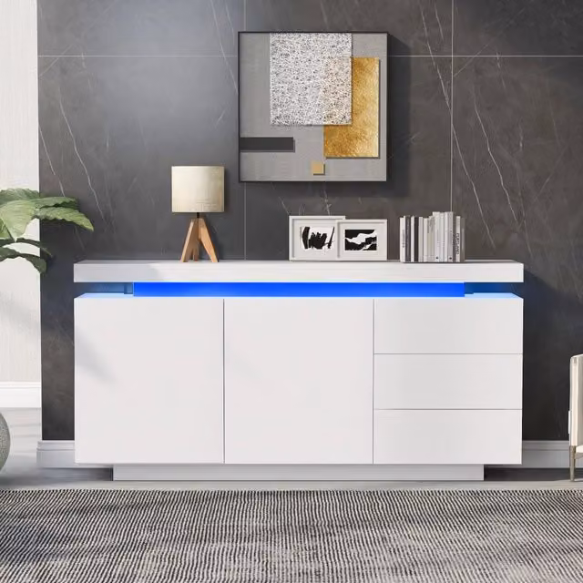 Sideboard moderno bianco lucido 140x35x72,5 cm, 2 ante e 3 cassetti, maniglie integrate, luce LED