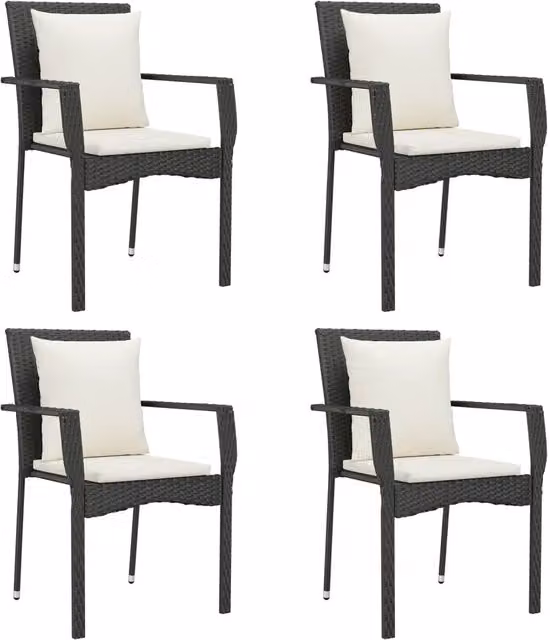 Set di 4 sedie da giardino in polyrattan con cuscini neri e bianchi con braccioli
