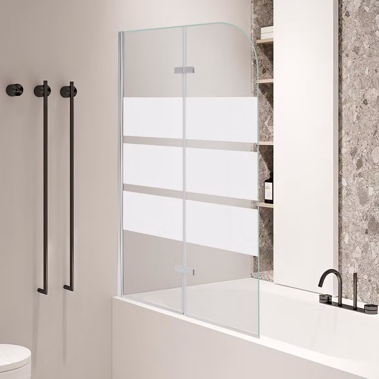 Ikodm, paratia doccia angolare per vasca da bagno, 100 x 140 cm, pannello doccia pieghevole per vasca, vetro di sicurezza temperato da 6 mm, apertura fino a 180°, decoro a strisce bianco
