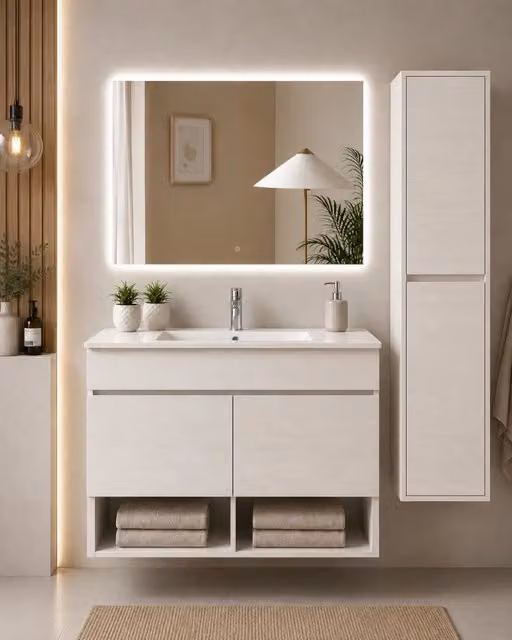 Mobile bagno sospeso con lavabo ORIGENBATH NEBARI con ante con colonna 90x40 cm bianco nordico con colonna