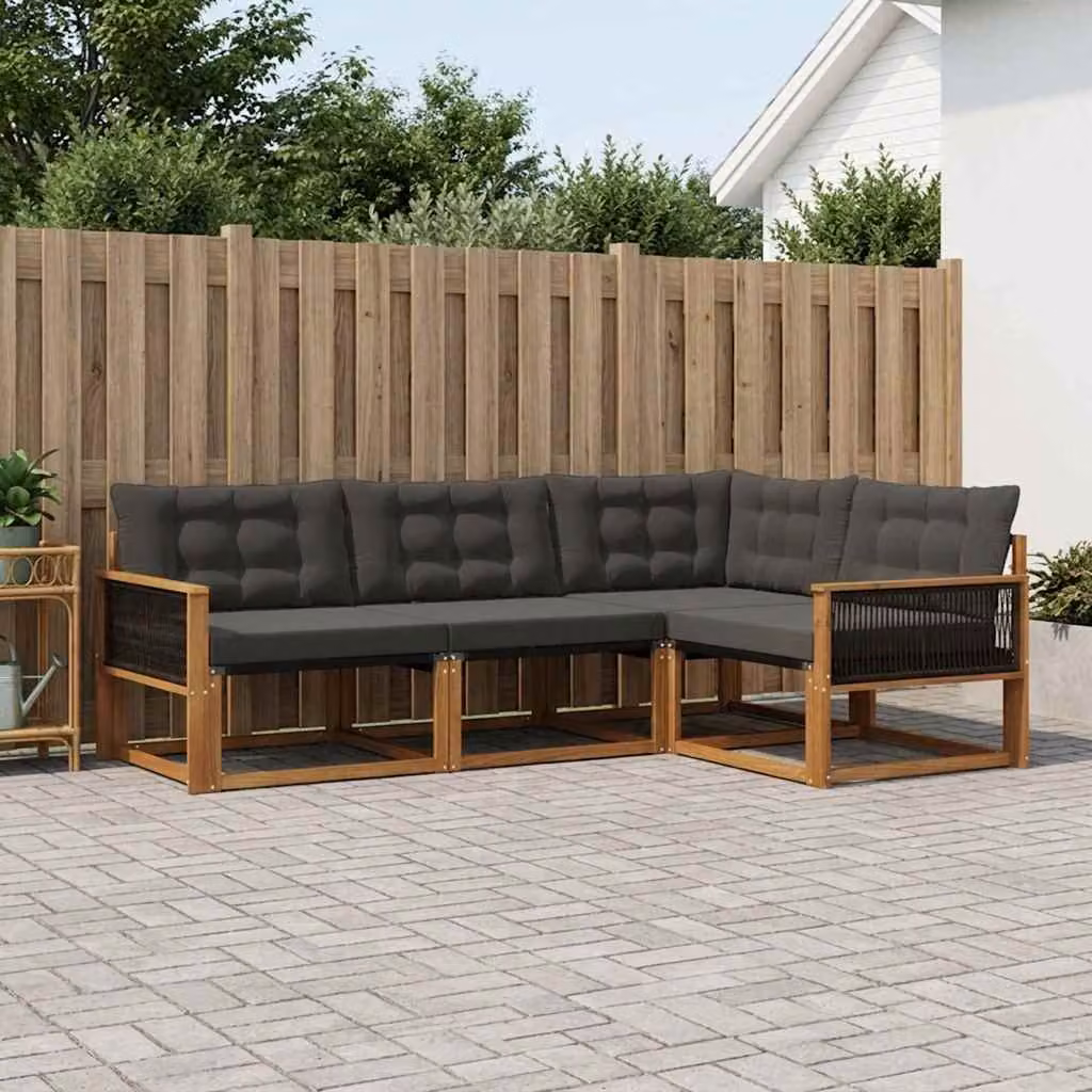 Set di divani da esterno vidaXL 4 pezzi in legno di acacia e textilene, composizione a L con cuscini inclusi, colore marrone e nero