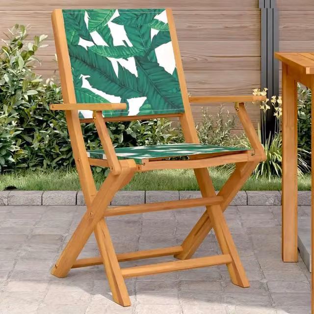 Set di 2 sedie pieghevoli vidaXL in legno di acacia oliato e tessuto verde con motivo floreale – 1