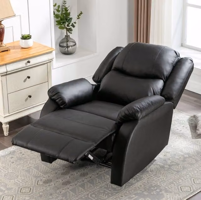 Poltrona reclinabile manuale ULEVR nera 80x90x100 cm con poggiapiedi integrato e tasca laterale