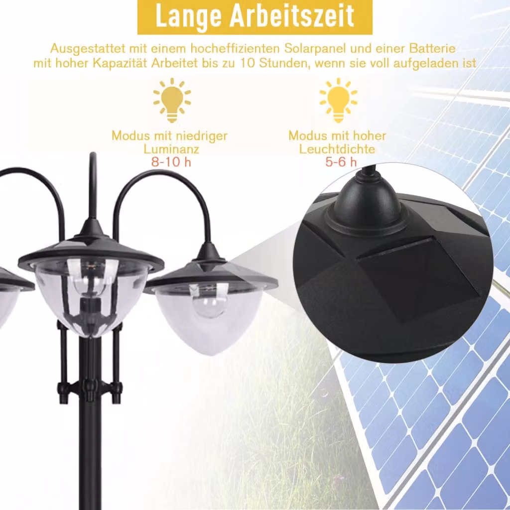 Lampione solare OKWISH nero con tre paralumi e base portavaso regolabile per giardino e terrazza – 2