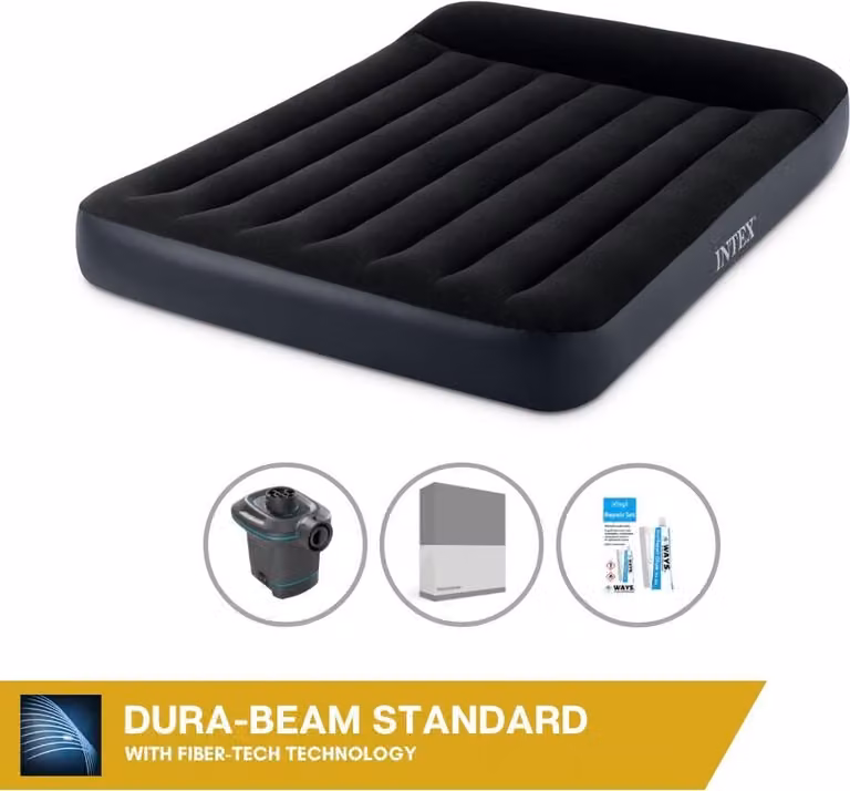 Letto gonfiabile Intex - 2 persone - 137 x 191 x 25 cm - nero + pompa elettrica Intex - 650 litri/min + lenzuolo di ricambio antracite + kit di riparazione
