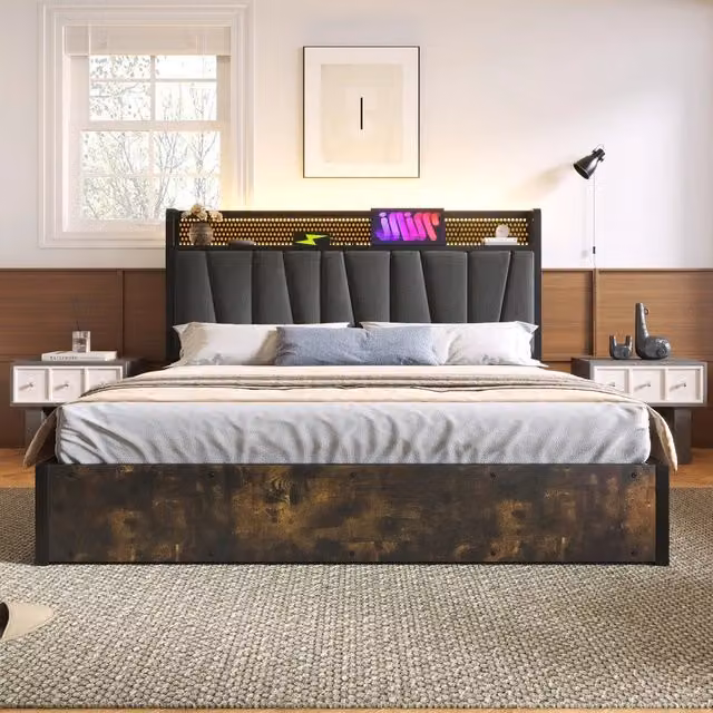 Letto Matrimoniale Imbottito con LED e USB ¨C Xylo ¨C Metallo Grigio 180x200 con Rete a Doghe