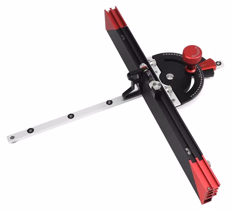 Guida per tagli a 45 gradi per seghe circolari da banco - 890 mm. Supporto regolabile per tagli a 45 gradi - Per seghe circolari da banco - Per lavorazione del legno - Colore: rosso