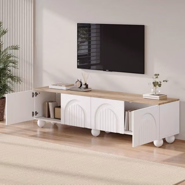 Mobile porta TV OKWISH moderno per soggiorno in MDF e metallo, bianco, L 180 x P 40 x H 45 cm