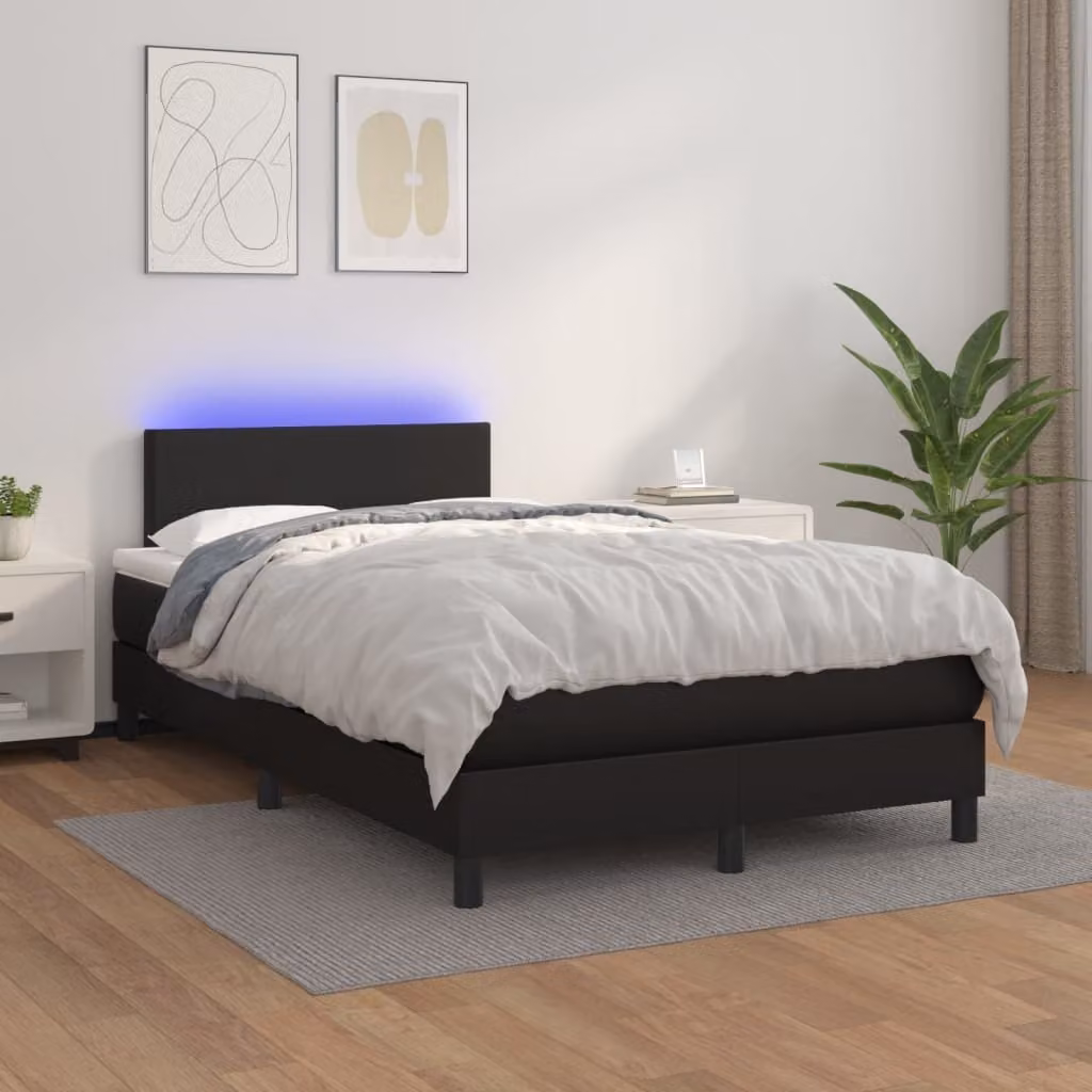 The Living Store Letto a molle con materasso e LED nero 120x200 cm in ecopelle