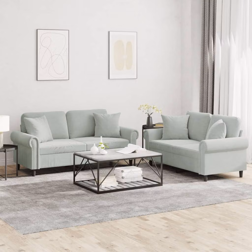 Maison Exclusive - Set divano a 2 posti con cuscini in velluto grigio chiaro