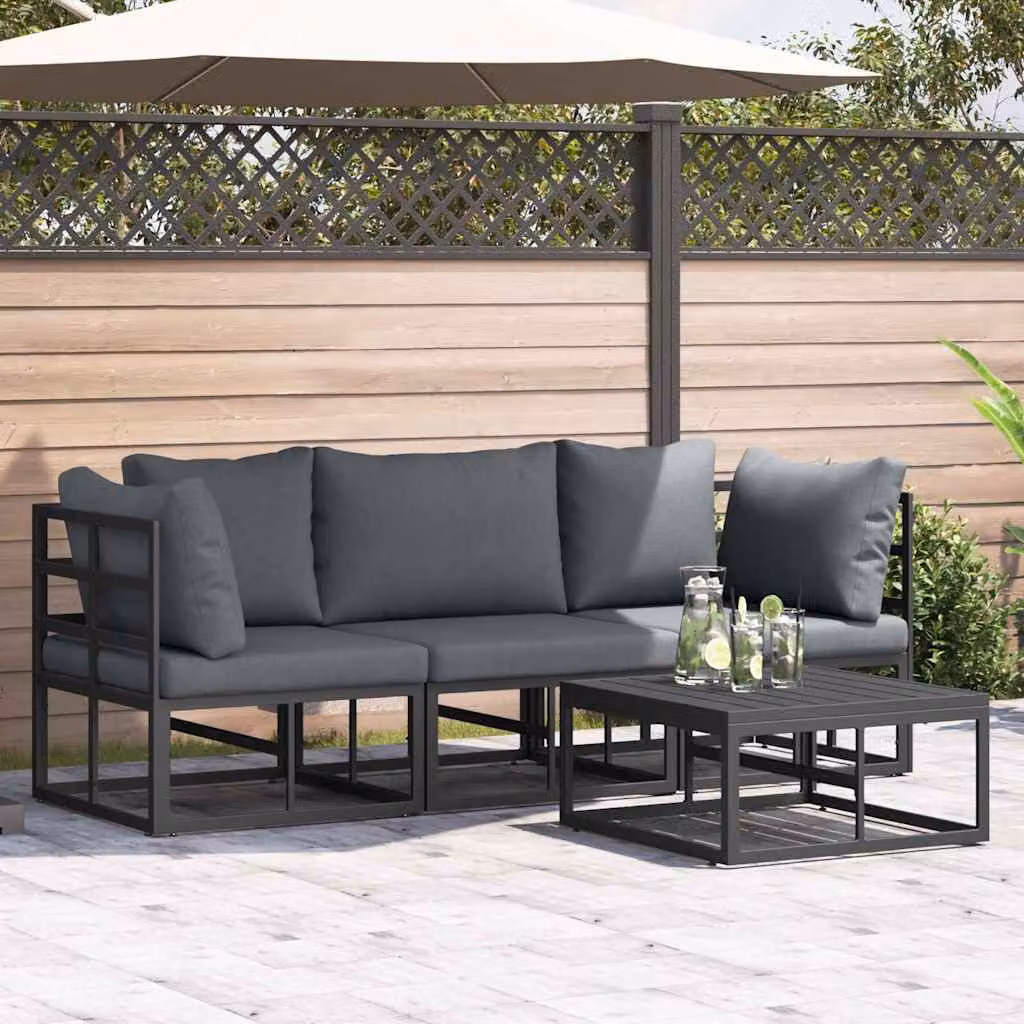 vidaXL Set Divano da Giardino Moderno a L in Acciaio Verniciato Nero con Tavolino e Cuscini – 1
