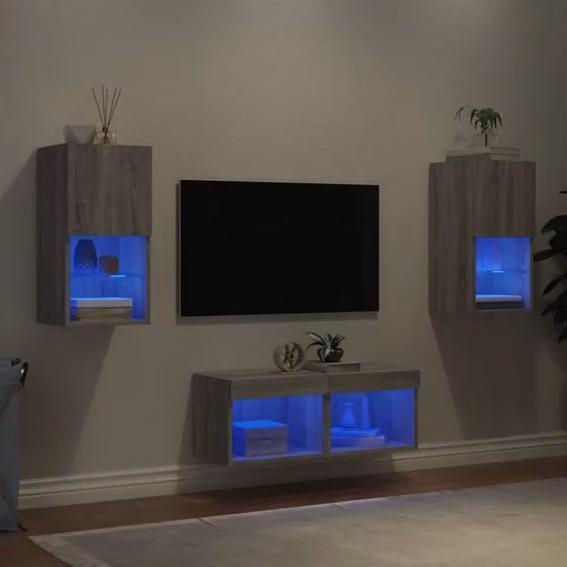 Set di 4 Mobili TV da Parete Moderni vidaXL con Luci LED Integrate in Grigio Opaco Effetto Legno – 1