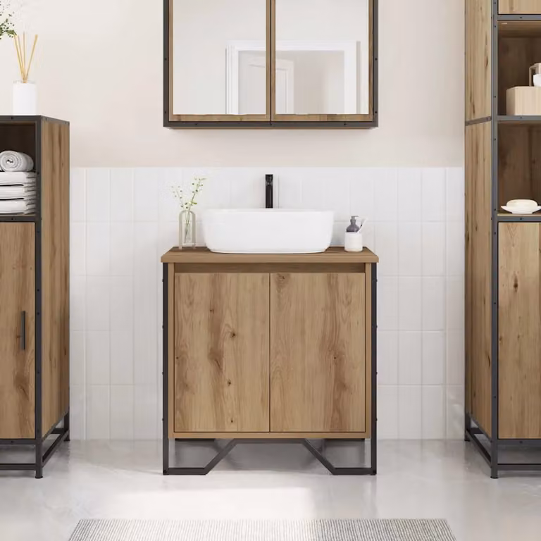 Armadio per lavabo da bagno moderno vidaXL in legno e metallo, colore rovere e nero, L: 60 cm, P: 35 cm, H: 60 cm