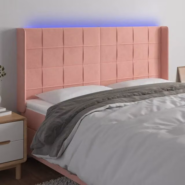 Testiera con LED Design Mania in Velluto Rosa con Porte USB L/P/H: 203 x 16 x 118/128 cm – 1