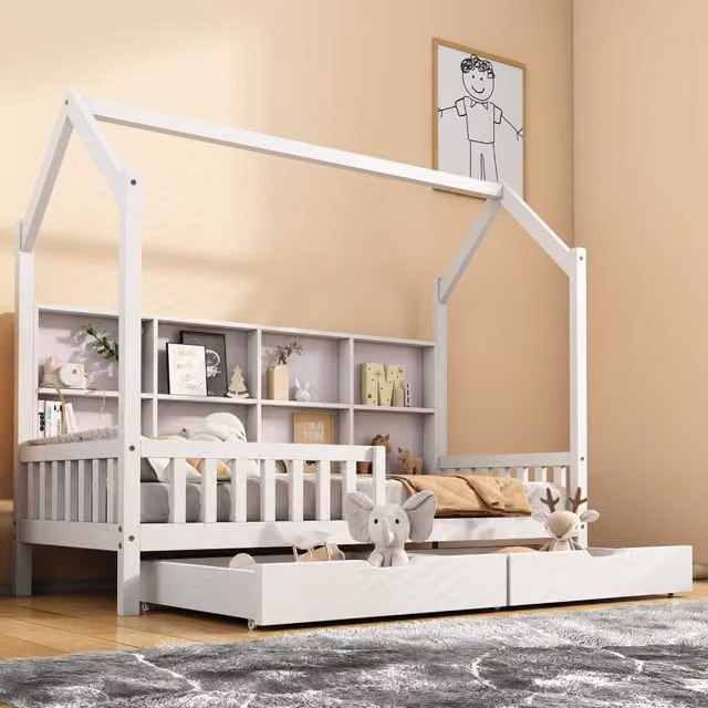 Letto a casetta Mivray per bambini in legno di pino bianco con libreria, due cassetti, barriera e rete a doghe L/P/H: 204 x 90 x 168,5 cm