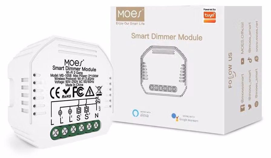 MOES Interruttore dimmerabile intelligente Wi-Fi Mini Alexa, modulo relè a 2 vie, interruttore wireless LED da incasso, compatibile con l'app Smart Life Tuya, controllo remoto, Amazon Alexa, Google Home, solo rete 2,4 GHz