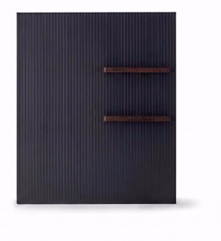 Pannello a lamelle moderno nero, per TV, con mensola, realizzato in legno