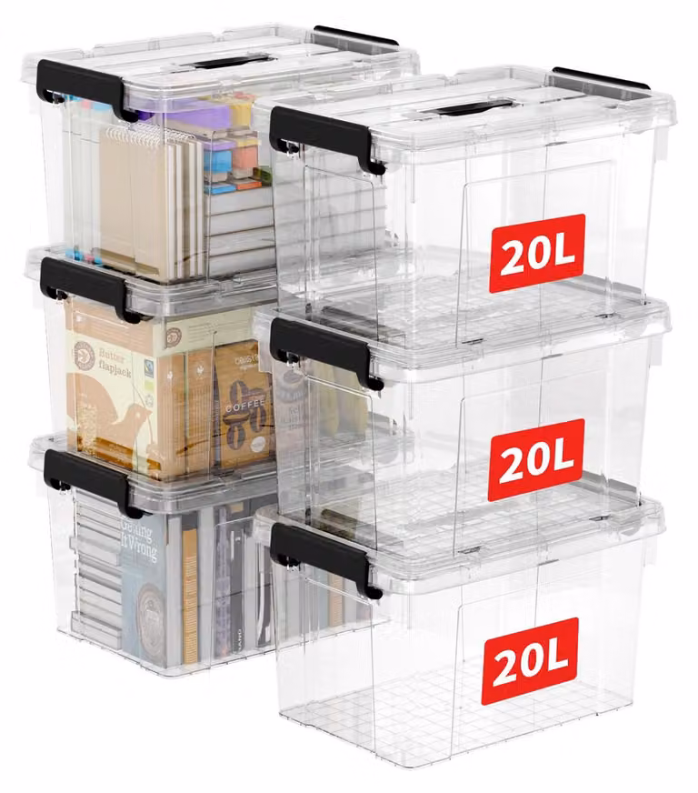 20 litri x 6 contenitori di stoccaggio, contenitori in plastica impilabili con coperchi