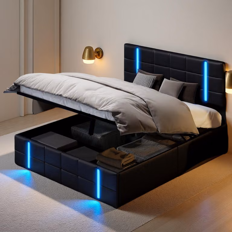 UnboxG Letto imbottito matrimoniale 160x200 cm con LED, USB C, letto idraulico con contenitore e testata, letto contenitore struttura letto con rete in metallo e rete a doghe, PU, nero